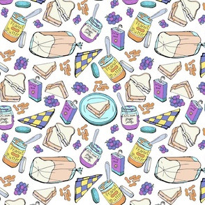 Peanut Butter and Jelly Sandwich Grape Jelly on White, Small Novelty Fabric - Colorful Illustrated Design"