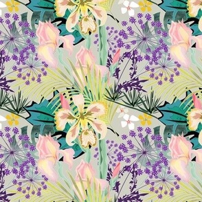 Colorful tropical pattern with orchids, palm leaves and other flowers.