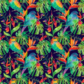 Tropical botanic pattern with exotic flowers and birds