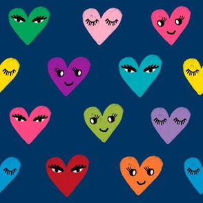 hearts faces fabric - heart fabric, hearts fabric, cute girls fabric, rainbow fabric, rainbows fabric  navy