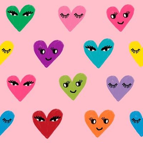 hearts faces fabric - heart fabric, hearts fabric, cute girls fabric, rainbow fabric, rainbows fabric  pink