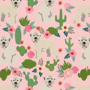 irish wheaten cactus floral fabric - soft coated wheaten terrier fabric, dog fabric, cactus florals fabric, cute dog fabric - pink