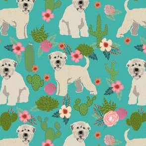 irish wheaten cactus floral fabric - soft coated wheaten terrier fabric, dog fabric, cactus florals fabric, cute dog fabric - teal
