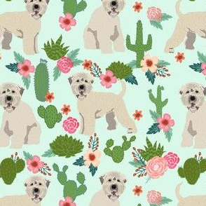 irish wheaten cactus floral fabric - soft coated wheaten terrier fabric, dog fabric, cactus florals fabric, cute dog fabric - mint