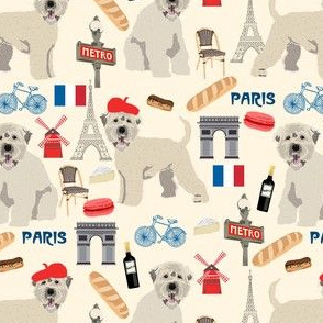 irish wheaten paris dog fabric - soft coated wheaten terrier fabric, dog fabric, dogs in paris fabric, french fabric - pet dog fabric - cream