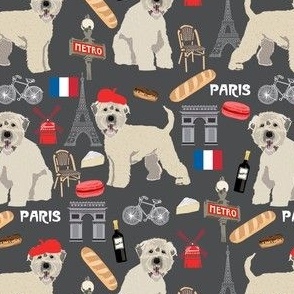 irish wheaten paris dog fabric - soft coated wheaten terrier fabric, dog fabric, dogs in paris fabric, french fabric - pet dog fabric -  charcoal
