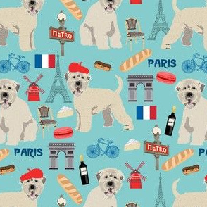 irish wheaten paris dog fabric - soft coated wheaten terrier fabric, dog fabric, dogs in paris fabric, french fabric - pet dog fabric -  blue
