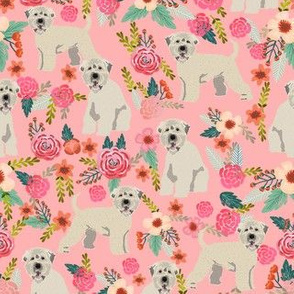 irish wheaten dog floral fabric - irish wheaten terrier fabric, soft coated wheaten terrier, dog florals, floral fabric, dog design - pink