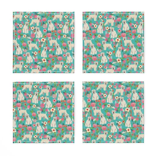 irish wheaten dog floral fabric - irish wheaten terrier fabric, soft coated wheaten terrier, dog florals, floral fabric, dog design - teal