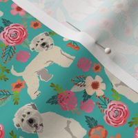 irish wheaten dog floral fabric - irish wheaten terrier fabric, soft coated wheaten terrier, dog florals, floral fabric, dog design - teal