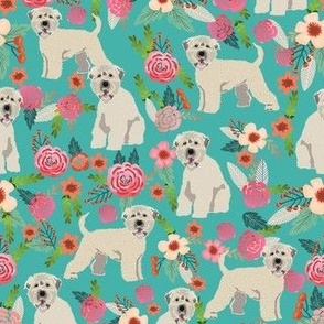 irish wheaten dog floral fabric - irish wheaten terrier fabric, soft coated wheaten terrier, dog florals, floral fabric, dog design - teal