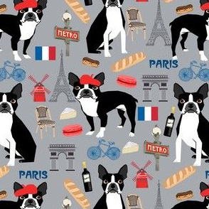 boston terrier in paris fabric - french fabric, dog fabric, paris fabric, dogs fabric, dog design, boston terriers -  grey
