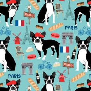 boston terrier in paris fabric - french fabric, dog fabric, paris fabric, dogs fabric, dog design, boston terriers - blue