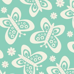 Butterflies Scandi Folk  Butterflies with Ditsy Flowers in White on Green - UnBlink Studio by Jackie Tahara