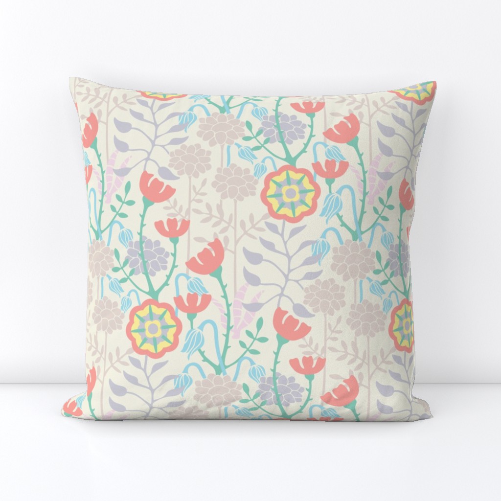 Marvelous Meadow Summer Garden Floral Botanical with Wildflowers in Pastel Red Green Blue Yellow on White - UnBlink Studio by Jackie Tahara