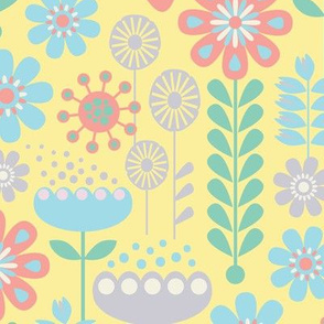 Sunny Side Scandi Folk Summer Garden Floral Botanical with Butterflies in Pastel Red Green Blue Purple on Yellow - UnBlink Studio by Jackie Tahara