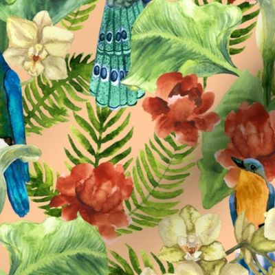 tropic flowers and birds pink