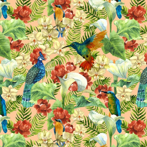 tropic flowers and birds pink