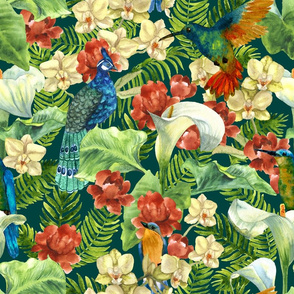 tropic flowers and birds green