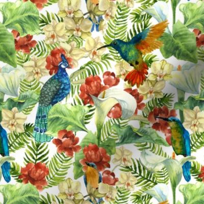 tropic flowers and birds on white (small scale)