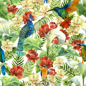 tropic flowers and birds on white (large scale)