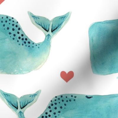 Watercolour Blue Whales and Hearts - Larger Scale
