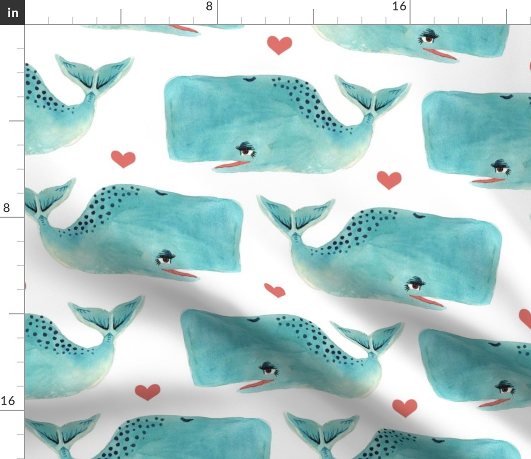 Watercolour Blue Whales and Hearts - Larger Scale