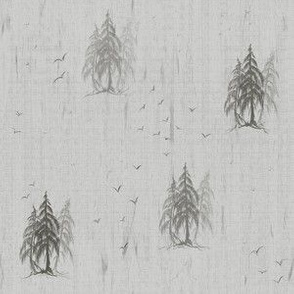 Small Pattern- Pencil Pine Tree on Distressed Grey Muslin