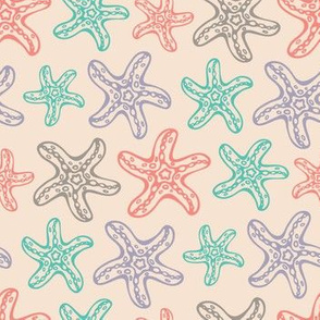 Constellation of Starfish Coastal Ocean Sea Stars in Turquoise Coral Purple Gray on Cream - UnBlink Studio by Jackie Tahara