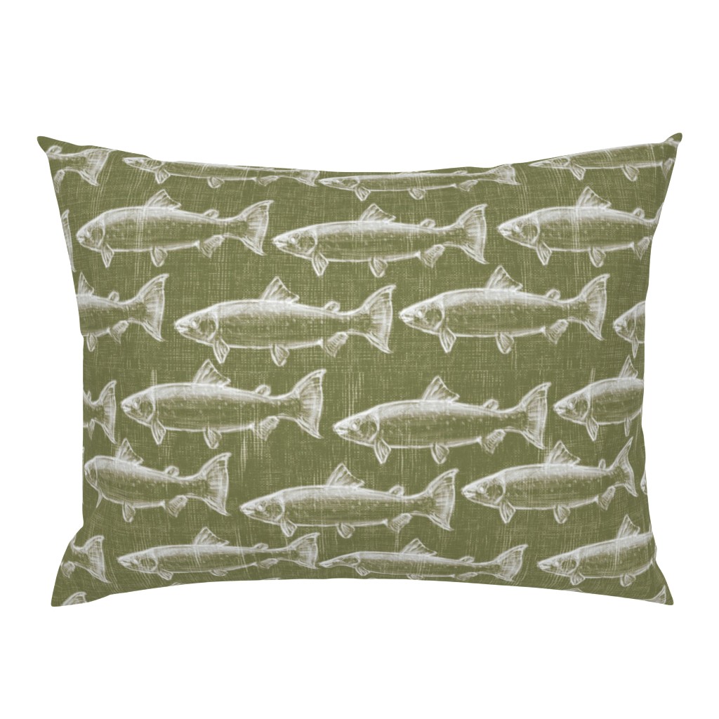 Chaulk Steelhead Trout School on Distressed Green Denim- Large Pattern