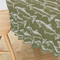 Chaulk Steelhead Trout School on Distressed Green Denim- Large Pattern