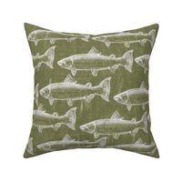 Chaulk Steelhead Trout School on Distressed Green Denim- Large Pattern