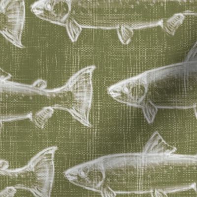 Chaulk Steelhead Trout School on Distressed Green Denim- Large Pattern