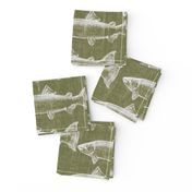 Chaulk Steelhead Trout School on Distressed Green Denim- Large Pattern