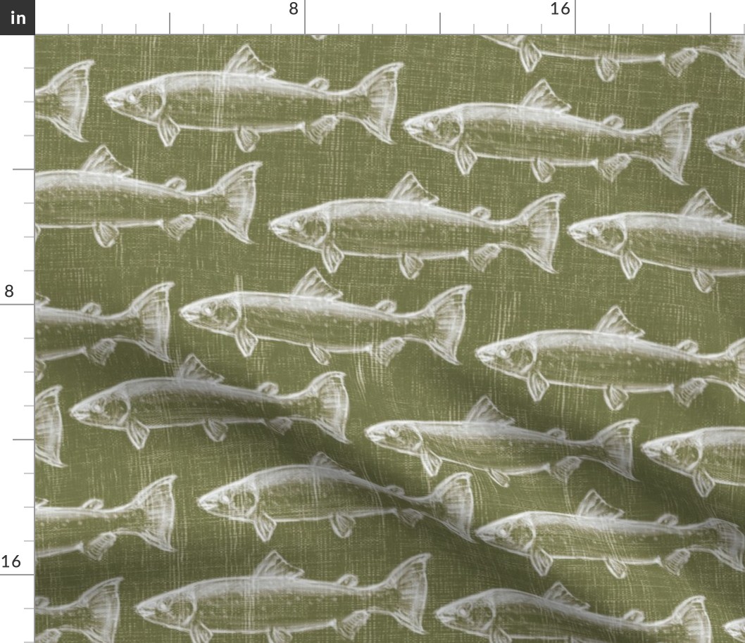Chaulk Steelhead Trout School on Distressed Green Denim- Large Pattern