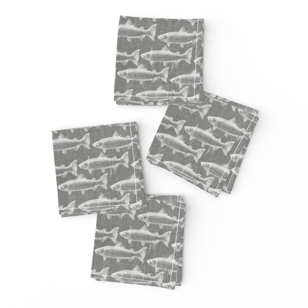 Chalk Steelhead Trout School on Distressed  Grey Denim- Small Pattern