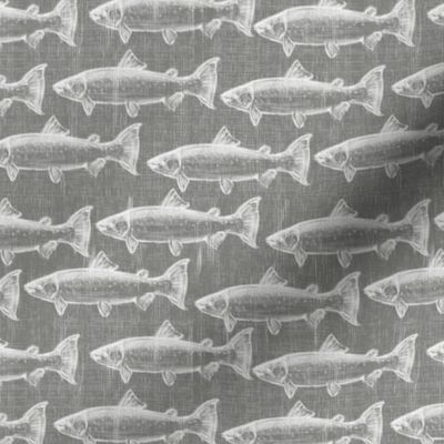 Chalk Steelhead Trout School on Distressed  Grey Denim- Small Pattern