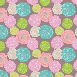 PomPoms Big Bloom Round Cottage Floral Botanical in Pastel Pink Red Blue Green White on Mauve - MEDIUM Scale - UnBlink Studio by Jackie Tahara