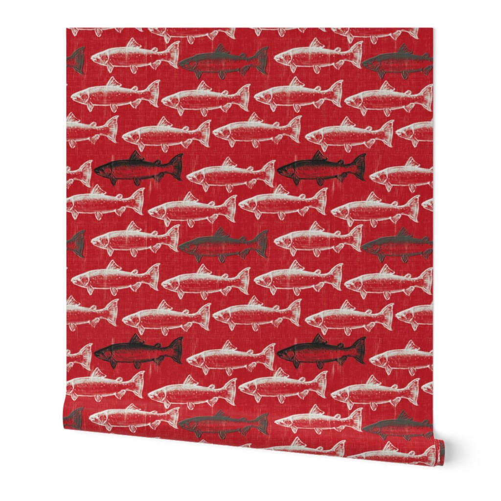 Chalk Steelhead Trout School on Distressed  Red Rustic Weave- Large Pattern