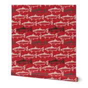 Chalk Steelhead Trout School on Distressed  Red Rustic Weave- Large Pattern