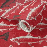 Chalk Steelhead Trout School on Distressed  Red Rustic Weave- Large Pattern