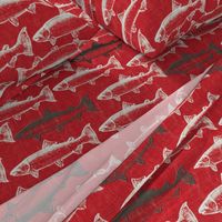 Chalk Steelhead Trout School on Distressed  Red Rustic Weave- Large Pattern