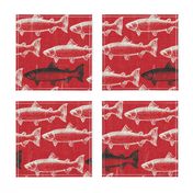 Chalk Steelhead Trout School on Distressed  Red Rustic Weave- Large Pattern