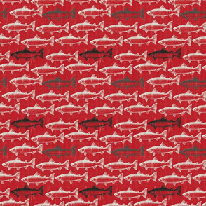 Chalk Steelhead Trout School on Distressed  Red Denim- Small Pattern