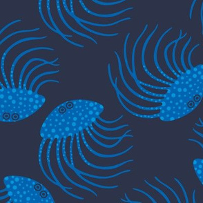 Jellyfish Cute Swimming Ocean Sea Creatures in Blue on Navy Blue - UnBlink Studio by Jackie Tahara