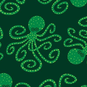 Octopus Cute Swimming Ocean Sea Creatures in Green on Dark Teal - UnBlink Studio by Jackie Tahara