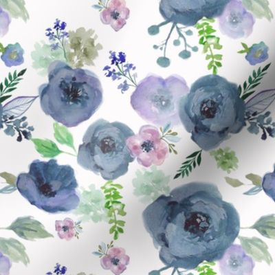 navy and violet florals on white