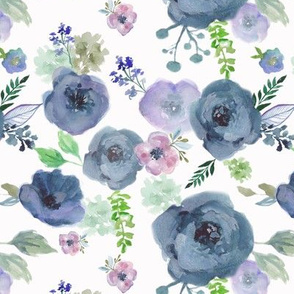 navy and violet florals on white