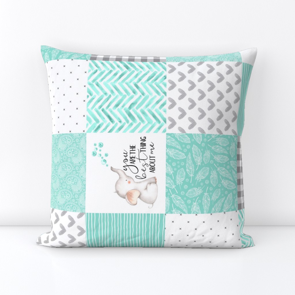 Elephant//You are the best thing about me// Teal - Wholecloth Cheater Quilt  - Rotated