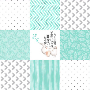 Elephant//You are the best thing about me// Teal - Wholecloth Cheater Quilt  - Rotated